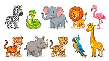 Fototapeta premium Cute Cartoon Wild Animal Collection Set with Lion Tiger Elephant Giraffe Zebra and More Isolated on White Background