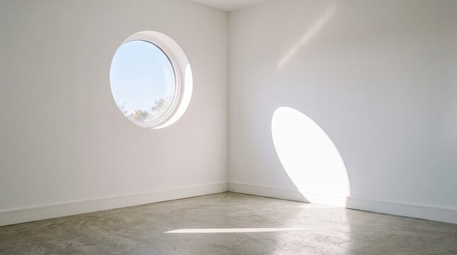 Minimalist white room interior with round porthole window casting geometric sunlight shadow on wall, empty space for design, architecture, bright natural light, clean modern