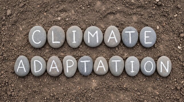 Climate Adaptation spelled out with stones on the ground, representing environmental change solutions.