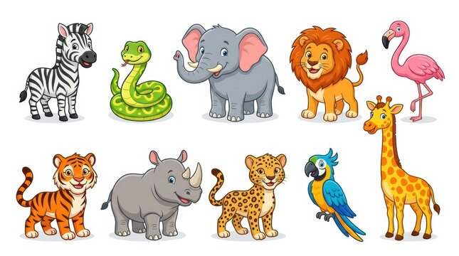 Cute Cartoon Wild Animal Collection Set with Lion Tiger Elephant Giraffe Zebra and More Isolated on White Background
