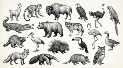Fototapeta premium Vintage Hand-Drawn Animal Collection Featuring Bison, Bear, Wolf, and Various Birds in Engraved Style