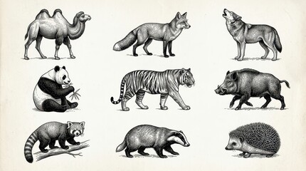 Fototapeta premium Vintage Hand-Drawn Animal Illustration Set: Camel, Tiger, Wolf, Panda, Fox, Boar, Red Panda, Badger, Hedgehog Engravings