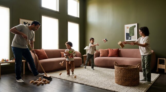 Tidying up toys in the living room with three children in the evening