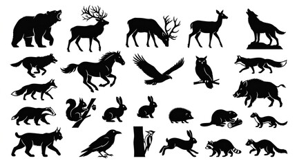 Fototapeta premium Collection of Forest Animal Silhouettes - Bear, Deer, Wolf, Fox, Eagle, and More Wild Wildlife Vector Icons