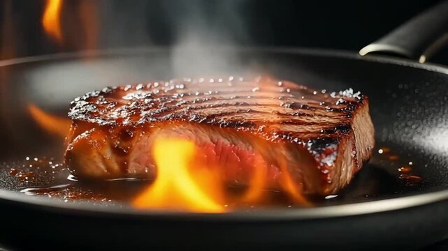 Macro video of a steak being seared to perfection in a glossy black pan. The texture of the meat transforms as heat caramelizes the surface, producing subtle glows of flame