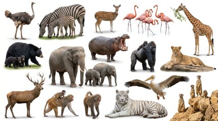 Fototapeta premium Diverse Collection of Wild Animals Including Elephant, Lion, Giraffe, and Zebra Isolated on White Background