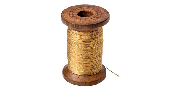 Vintage wooden sewing thread spool wrapped with gold or brown shiny craft twine
