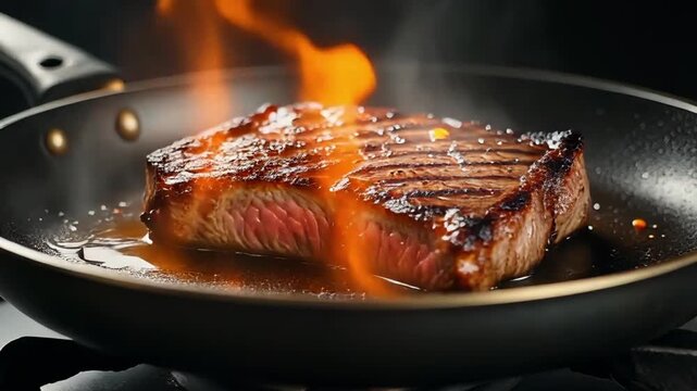 Macro video of a steak being seared to perfection in a glossy black pan. The texture of the meat transforms as heat caramelizes the surface, producing subtle glows of flame