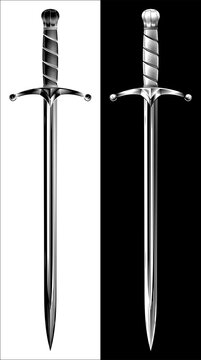 Illustration of medieval sword. Original illustration in a vintage retro engraving woodcut style. Suitable for use in heraldry