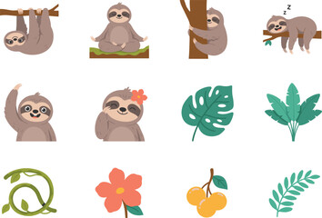 Fototapeta premium Cute Cartoon Sloth Character Icon Set with Tropical Monstera Leaves, Jungle Vines, and Flowers for Wild Animal Nursery Sticker Designs