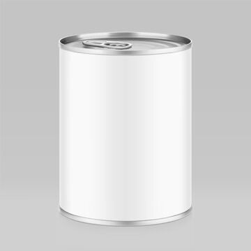 Hight realistic can with easy-open lid mockup for design, branding, presentation of food products, pet food. Vector illustration isolated on grey background. Scalable. Ready layered template. EPS10.