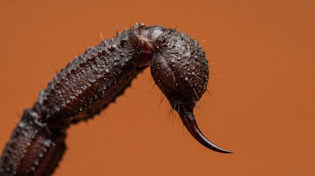 Close-up macro shot of a scorpions stinger against a warm orange background.