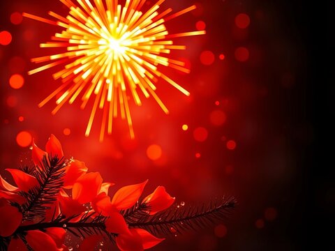 Vibrant Christmas background with orange astra petals and fireworks, celebration, seamless
