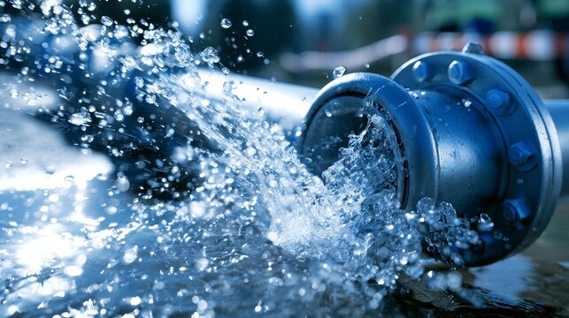 Water flowing from a metallic pipe with splashes and droplets, showcasing a close-up view of the water discharge in an industrial setting