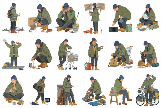 Comprehensive collection of flat vector illustrations depicting various homeless people in different urban survival scenarios, including begging, busking, and carrying belongings.