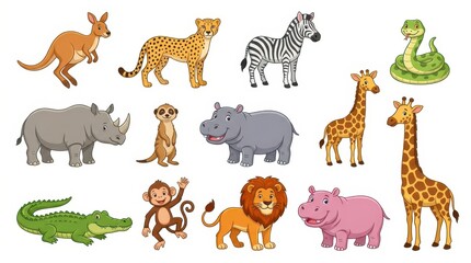 Fototapeta premium Large Set of Vector Cartoon Wild Animals for Kids Education with Lion, Giraffe, Zebra, Hippo, and Crocodile