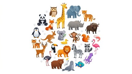 Fototapeta premium Cute Cartoon Animals Collection Set with Wildlife Zoo and Safari Creatures in Flat Vector Illustration Style