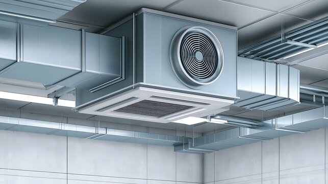 Industrial HVAC ventilation system with metal air ducts mounted on a modern factory ceiling. Ideal for construction or engineering design projects.