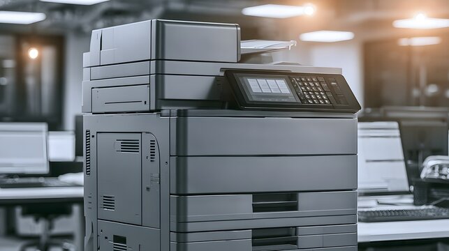 A modern multifunction printer stands in a blurred contemporary office. Represents business technology and efficient workplace document management solutions.