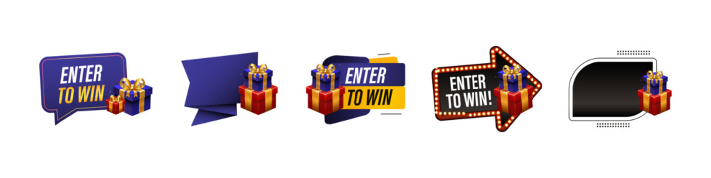 Set of enter to win giveaway banner badges with blue present boxes vector design