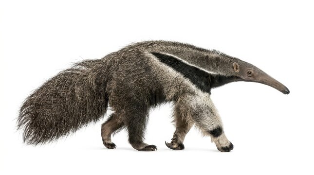 Giant Anteater Walking Isolated on White Background - Myrmecophaga tridactyla Side View Full Body Portrait