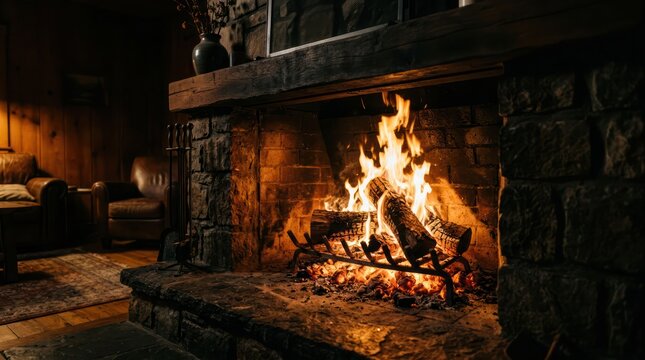Cozy Fireplace with Burning Logs in a Rustic Living Room at Night.