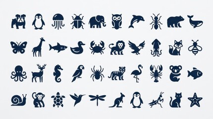 Fototapeta premium Comprehensive Collection of 40 Minimalist Animal Vector Icons for Graphic Design and Web Projects
