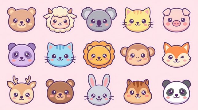Set of Cute Kawaii Animal Face Icons Vector Illustration for Kids Design, Stickers, and Patterns