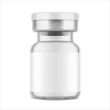 A clear glass medical vaccine vial or injection bottle with a blank white label mockup for vaccination, medicine branding. 3D hight realistic editable vector illustration. EPS10.