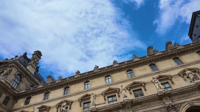 Low Angle View of the Louvre Museum Facade in Paris