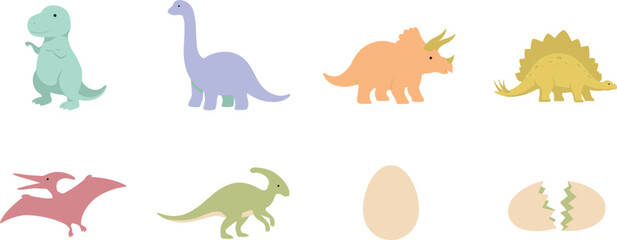 Cute Cartoon Dinosaur Icon Set with Tyrannosaurus Rex, Brachiosaurus, Triceratops, Stegosaurus, Pterodactyl, Parasaurolophus, and Hatching Egg Symbols for Kids Graphic Designs © MDJulfikar