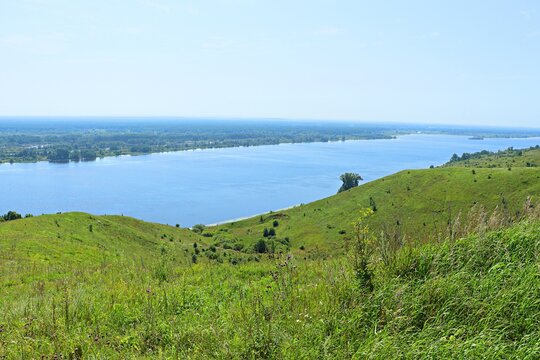 Landscape, panoramic view of the Kama River bed and low floodplain bank, Udmurtia, Russia