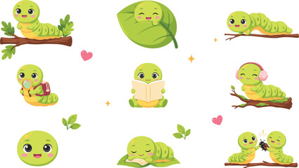 Obraz premium Cute Cartoon Caterpillar Vector Character Set Featuring Little Green Worm Reading Sleeping and Crawling on Leaves for Nursery and Kids Education Designs
