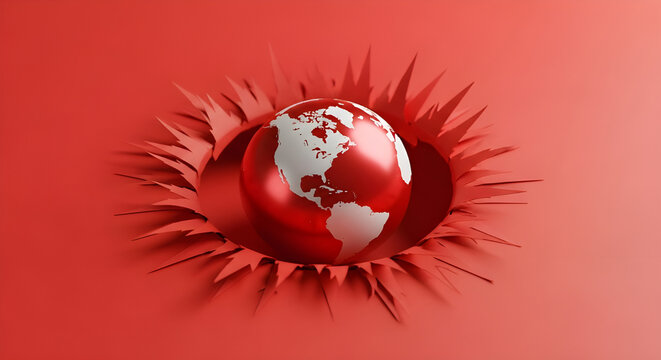 Red globe planet emerging from a circular paper hole with jagged edges creating a creative conceptual business design background