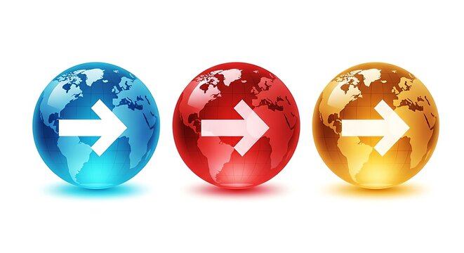 Globe icons featuring shiny colorful spheres with white directional arrows representing global business growth, navigation, logistics, and international commerce concepts