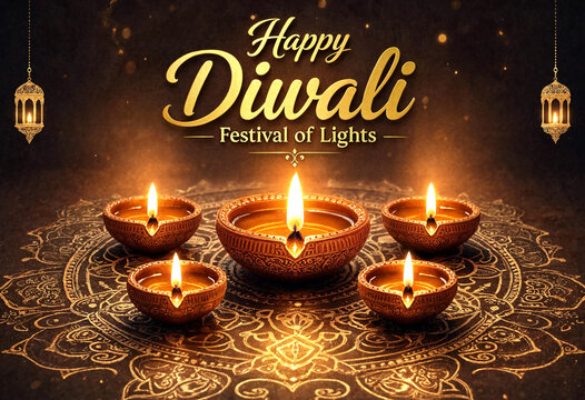 Beautiful Diwali festival celebration with traditional diya lamps and decorative lanterns on dark background
