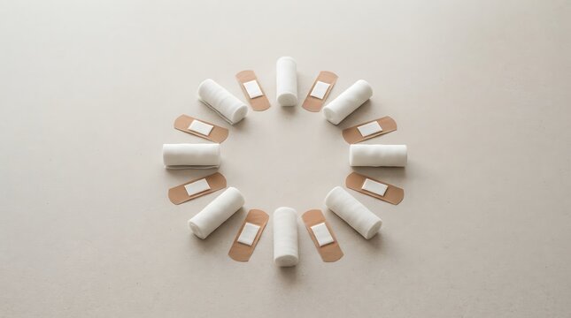A circular arrangement of adhesive bandages, symbolizing care, healing, and emergency preparedness, suitable for medical or health-related themes