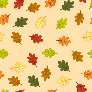 Colorful Autumn Leaves Seamless Pattern on Cream Background