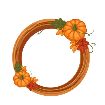 Thanksgiving Round Wooden Frame with Pumpkins and Autumn Leaves