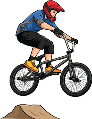Fototapeta premium A stylized illustration of a BMX rider performing a jump on a dirt ramp.
