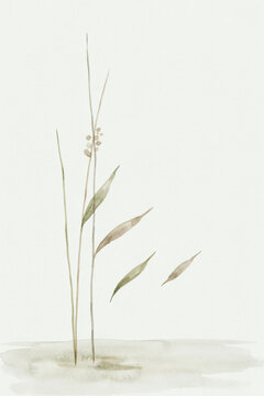 Minimalist Watercolor Illustration of Delicate Wild Grass Stems Featuring Soft Earth Tones and Artistic Botanical Zen Aesthetic for Elegant Wall Decor