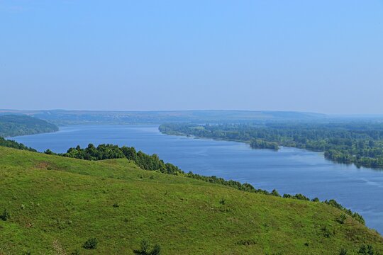 Landscape, panoramic view of the Kama River bed and low floodplain bank, Udmurtia, Russia