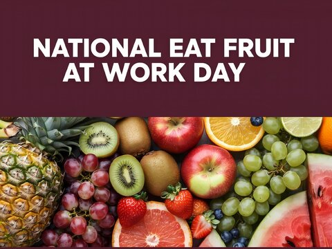 National eat fruit at work day text banner with a colorful assortment of fresh healthy fruits like pineapple kiwi grapes and oranges on a dark background