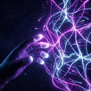 Human hand exploring vibrant digital energy particles, symbolizing advanced technology, data interaction, and the future of scientific discovery and abstract connection