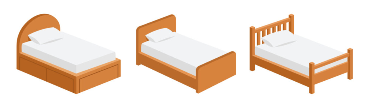 Isometric wooden single bed set with white mattress and pillow vector illustration