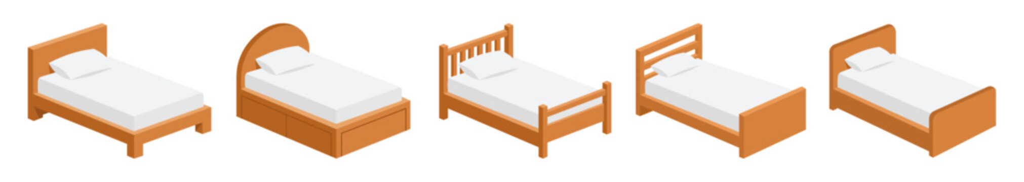 Isometric wooden single bed set with white mattress and pillow vector illustration
