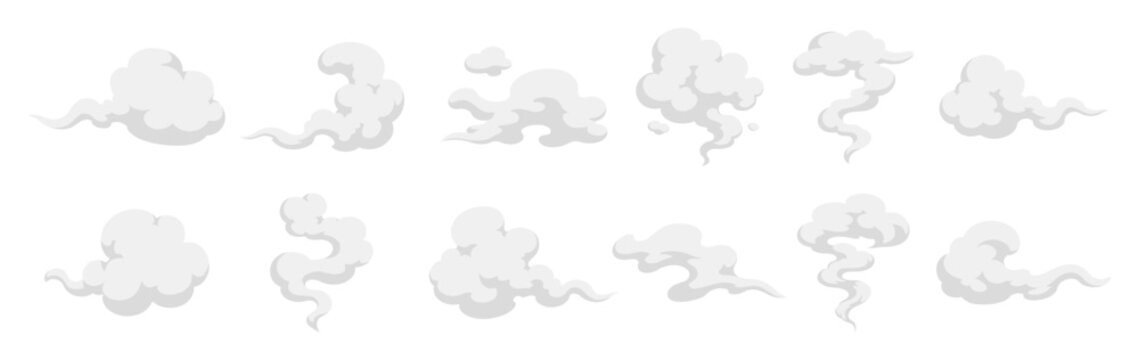 Cartoon smoke clouds trail set for explosion speed and puff effect vector illustration