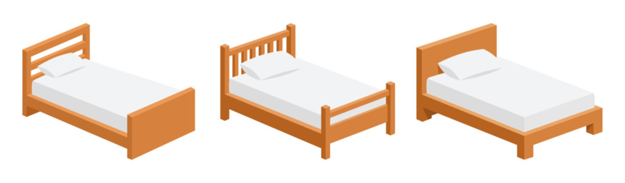 Isometric wooden single bed set with white mattress and pillow vector illustration