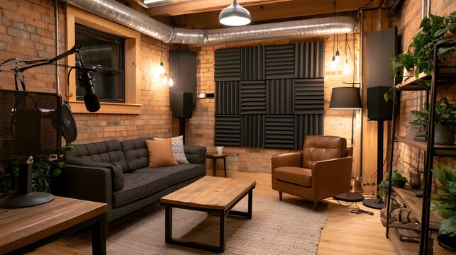 Modern industrial podcast studio interior with brick walls and acoustic foam panels. Professional recording space setup for creative media production and audio broadcasting.
