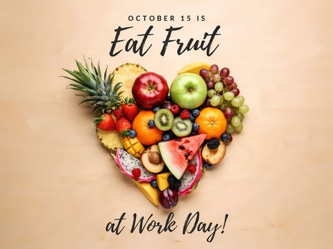 Heart shape made of fresh various fruits for eat fruit at work day celebration with text on a light orange background